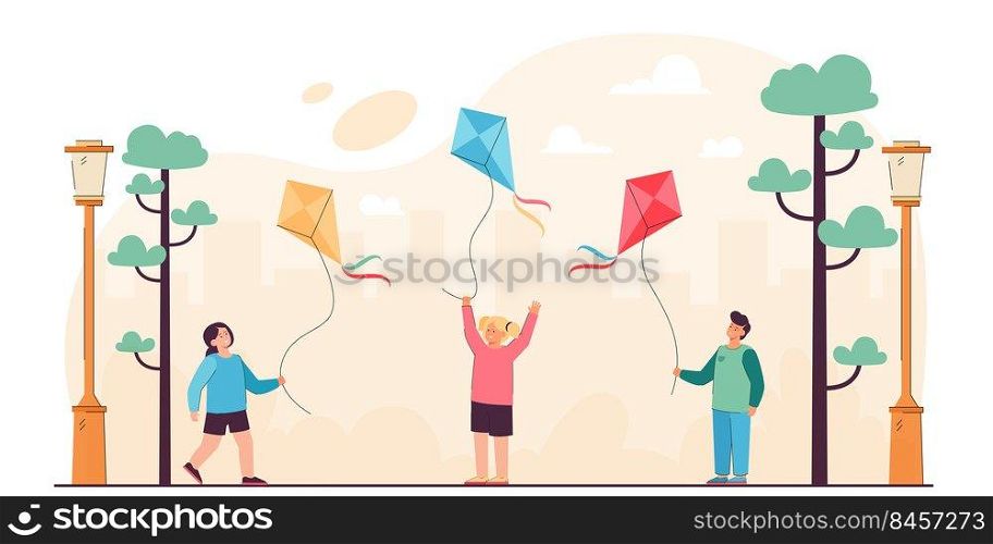 Cartoon kids holding flying kites in city park. Flat vector illustration. Little girls and boy having fun, playing, enjoying the wind and fresh air. Game, childhood, walk, hobby concept for design