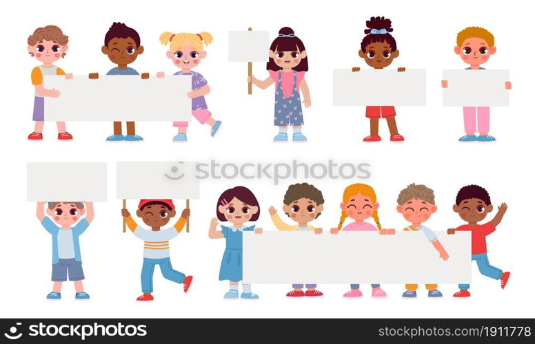 Cartoon kids holding placards, sign boards and banner. School students with empty frames. Children boys and girls with message vector set. Young cheerful laughing characters with place for text. Cartoon kids holding placards, sign boards and banner. School students with empty frames. Children boys and girls with message vector set