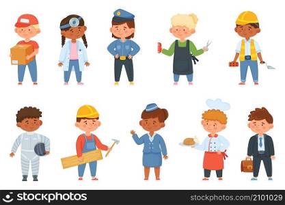 Cartoon kids in professional uniform, children of various professions. Builder, hairdresser, astronaut, child occupation costume vector set. Boys and girls characters representing different jobs. Cartoon kids in professional uniform, children of various professions. Firefighter, hairdresser, astronaut, child occupation costume vector set