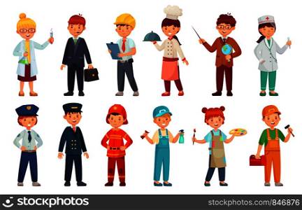 Cartoon kids in professional uniform. Doctor children outfit, businessman kid and baby engineer worker. scientist, policeman and teacher character professions suit. Isolated vector icons set. Cartoon kids in professional uniform. Doctor children outfit, businessman kid and baby engineer worker vector set