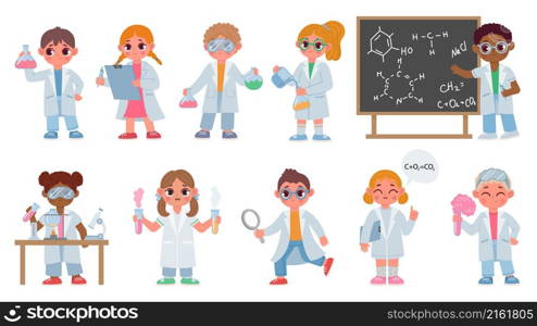 Cartoon kids in robes do chemistry experiment, children scientists. Biological students do laboratory test. Kid science education vector set. Boys and girls holding tubes with liquid. Cartoon kids in robes do chemistry experiment, children scientists. Biological students do laboratory test. Kid science education vector set