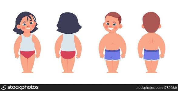Cartoon kids in underwear. Cute children from front or back sides. Isolated standing boy and girl wearing casual clothes. Happy little people in underpants and tank tops. Vector persons show garment. Cartoon kids in underwear. Children from front or back sides. Isolated standing boy and girl wearing casual clothes. Little people in underpants and tank tops. Vector persons show garment