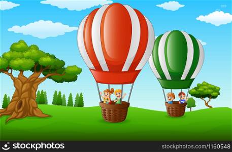Cartoon kids inside a hot air balloon flying over a green park