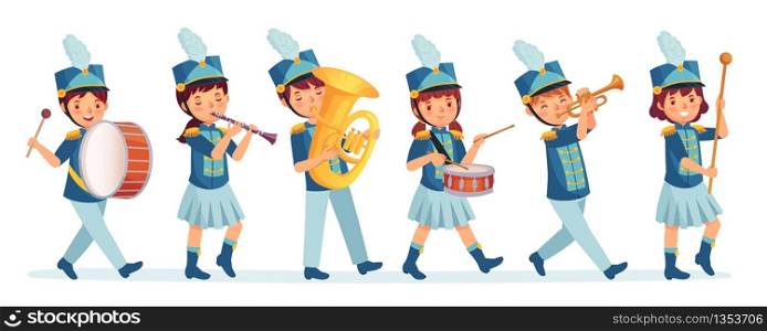 Cartoon kids marching band parade. Child musicians on march, childrens loud playing music instruments cartoon vector illustration. Entertainment parade, performer drum and music band. Cartoon kids marching band parade. Child musicians on march, childrens loud playing music instruments cartoon vector illustration