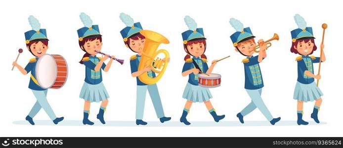 Cartoon kids marching band parade. Child musicians on march, childrens loud playing music instruments cartoon vector illustration. Entertainment parade, performer drum and music band. Cartoon kids marching band parade. Child musicians on march, childrens loud playing music instruments cartoon vector illustration