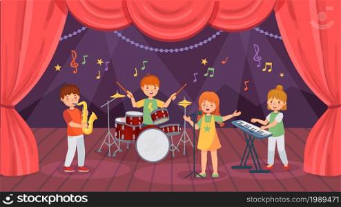 Cartoon kids music band on theatre stage with curtain. Boys playing drums and saxophone, girls playing keyboard and singing with microphone. Characters with musical instruments vector. Cartoon kids music band on theatre stage with curtain. Boys playing drums and saxophone, girls singing