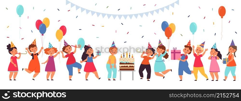 Cartoon kids on birthday party. Boy celebrating, cake on table and little children. Event with sweets, fun girl celebrating decent vector banner. Illustration birthday holiday, anniversary and cake. Cartoon kids on birthday party. Boy celebrating, cake on table and little children. Event with sweets, fun girl have celebrating decent vector banner