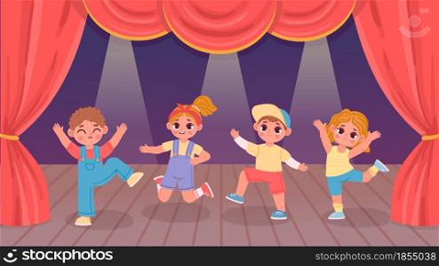Cartoon kids performing dance on theatre stage with curtain. Kindergarten boys and girls group activity. Children dance show vector concept. Little characters having entertainment together