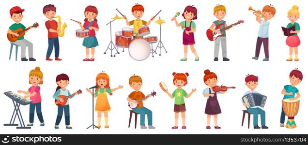 Cartoon kids play music. Talented kid playing on musical instrument, music school lessons. Young singer, children musician vector illustration set. Musician with microphone, music education. Cartoon kids play music. Talented kid playing on musical instrument, music school lessons. Young singer, children musician vector illustration set