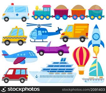 Cartoon kids play vehicles, car, rocket, airplane, train and boat. Childish transportation, boat, hot air balloon, rocket vector illustration set. Children toy transport or automobiles for playing. Cartoon kids play vehicles, car, rocket, airplane, train and boat. Childish transportation, boat, hot air balloon, rocket vector illustration set. Children toy transport