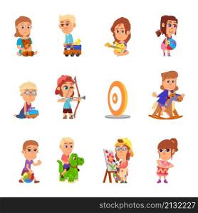 Cartoon kids play with toys. Children playing, kid with toy. Kindergarten or preschool baby, isolated boy girl gaming with ball, decent vector characters. Illustration of play boy girl and activity. Cartoon kids play with toys. Children playing, kid with toy. Kindergarten or preschool baby, isolated boy girl gaming with ball, decent vector characters