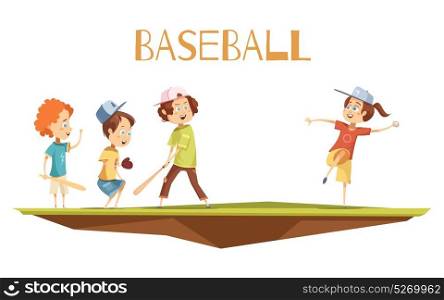 Cartoon Kids Playing Baseball Vector Illustration. Kids playing baseball flat vector illustration in cartoon style with cute characters engaged in game