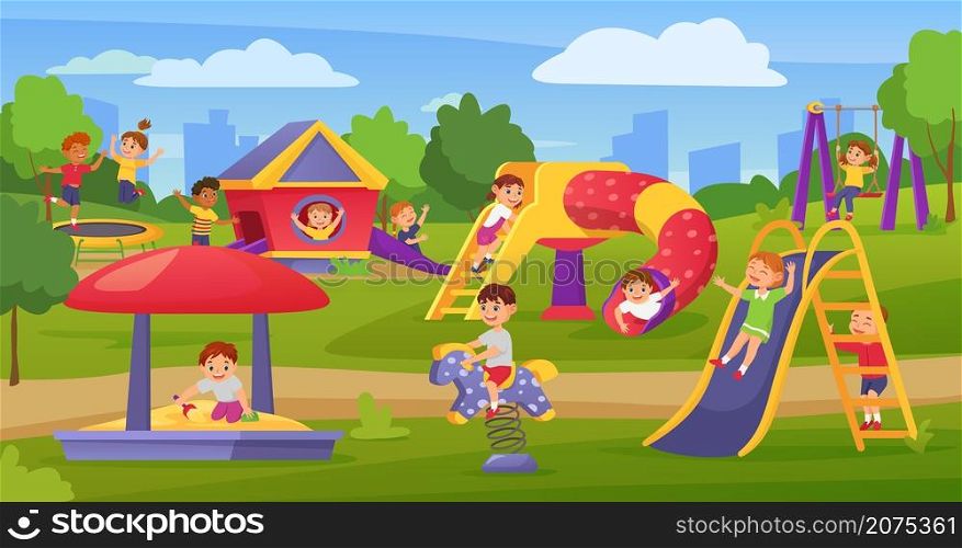 Cartoon kids playing on playground in summer park or kindergarten. Happy children on slide or swing, boy play in sandbox vector illustration. Outdoor activities for playful pupils in camp. Cartoon kids playing on playground in summer park or kindergarten. Happy children on slide or swing, boy play in sandbox vector illustration