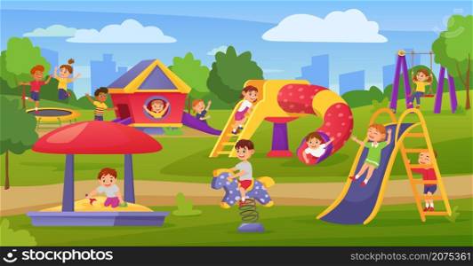 Cartoon kids playing on playground in summer park or kindergarten. Happy children on slide or swing, boy play in sandbox vector illustration. Outdoor activities for playful pupils in camp. Cartoon kids playing on playground in summer park or kindergarten. Happy children on slide or swing, boy play in sandbox vector illustration