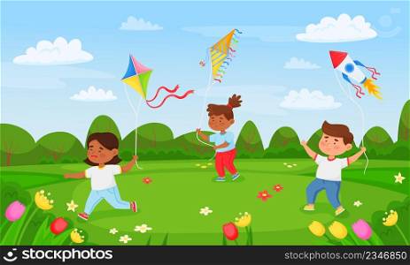 Cartoon kids playing with flying kites in summer park. Children holding kite and running on meadow, having fun outdoor vector illustration. Happy character playing on lawns, leisure time. Cartoon kids playing with flying kites in summer park. Children holding kite and running on meadow, having fun outdoor vector illustration
