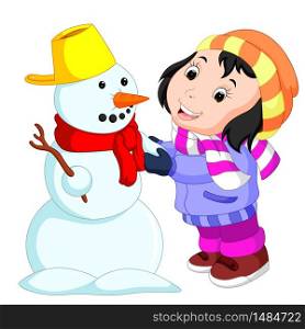 cartoon kids playing with snowman