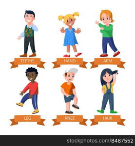 Cartoon kids pointing at body parts vector illustrations set. Comic boys and girls pointing at teeth, hands, arm, leg, knee and hair isolated on white background. Anatomy, education concept