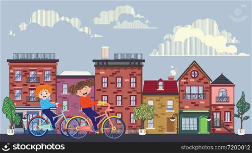 Cartoon kids riding bicycle in the small town background.