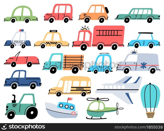 Cartoon kids toy cars police, ambulance, airplane and boat. Vehicles, truck, bus and tractor. Flat transport in simple baby style vector set. Childish transportation elements isolated on white