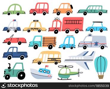 Cartoon kids toy cars police, ambulance, airplane and boat. Vehicles, truck, bus and tractor. Flat transport in simple baby style vector set. Childish transportation elements isolated on white
