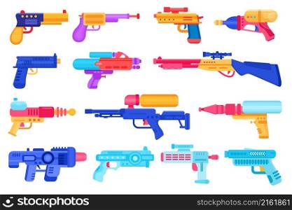 Cartoon kids toy weapons, water guns, pistols and blasters. Plastic handguns and rayguns for summer games. Children space lasers vector set. Childish water equipment with fiction beam. Cartoon kids toy weapons, water guns, pistols and blasters. Plastic handguns and rayguns for summer games. Children space lasers vector set