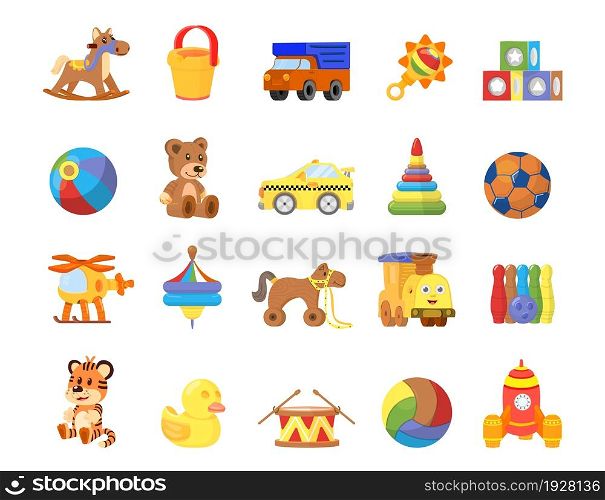 Cartoon kids toys. Plastic toy animal, wooden horse for child. Game group, ball little bear and baby bucket. Isolated duck and drum vector icons. Illustration of toy plastic and animal for child. Cartoon kids toys. Plastic toy animal, wooden horse for child. Game group, ball little bear and baby bucket. Isolated duck and drum decent vector icons