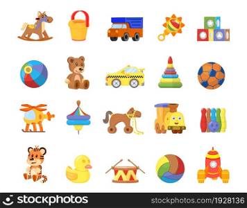 Cartoon kids toys. Plastic toy animal, wooden horse for child. Game group, ball little bear and baby bucket. Isolated duck and drum vector icons. Illustration of toy plastic and animal for child. Cartoon kids toys. Plastic toy animal, wooden horse for child. Game group, ball little bear and baby bucket. Isolated duck and drum decent vector icons