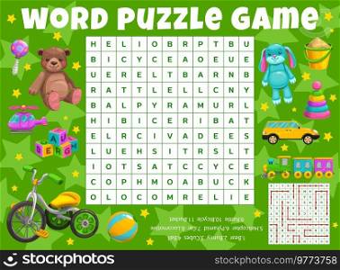 Cartoon kids toys. Word search puzzle game worksheet. Kids quiz grid, text puzzle or child logical game, riddle vector page with child rattle toy, bear and bunny, bicycle, car and train, bucket, ball. Cartoon kids toys word search puzzle worksheet