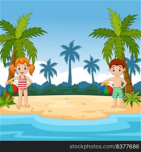 Cartoon kids with beach ball on a tropical island
