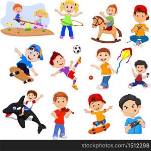 Cartoon kids with different hobbies on a white background