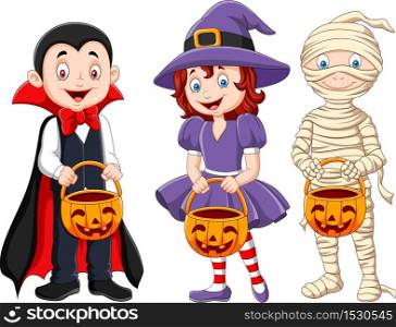 Cartoon kids with Halloween costume holding pumpkin basket
