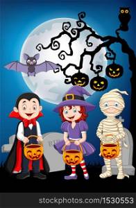 Cartoon kids with Halloween costume holding pumpkin basket