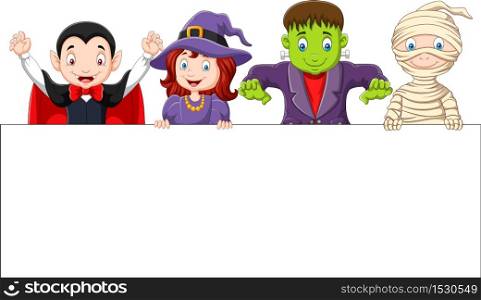 Cartoon kids with Halloween costume with blank sign