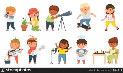 Cartoon kids with various hobbies and activities, creative children. Boys and girls photographing, cooking, gardening, playing chess vector set. Characters spending free time creatively