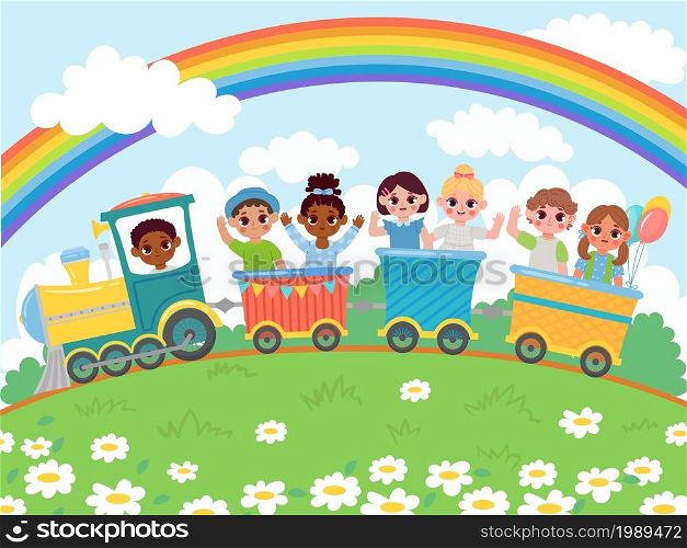Cartoon kindergarten happy kids ride on toy train. Happy children sitting in carriages under rainbow in sky, little boys and girls traveling in locomotive. Characters in funny wagons vector. Cartoon kindergarten happy kids ride on toy train. Happy children sitting in carriages under rainbow in sky vector