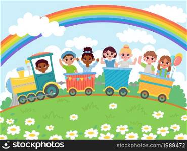 Cartoon kindergarten happy kids ride on toy train. Happy children sitting in carriages under rainbow in sky, little boys and girls traveling in locomotive. Characters in funny wagons vector. Cartoon kindergarten happy kids ride on toy train. Happy children sitting in carriages under rainbow in sky vector