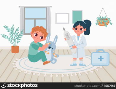 Cartoon kindergarten kids in doctor uniform treating bunny toy. Boy sticking patches, girl holding thermometer. Cartoon children curing illness with first aid kit and equipment vector. 2205 S ST Cartoon kindergarten kids in doctor uniform