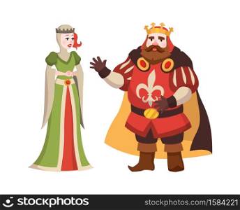 Cartoon king and queen. Fairy tales characters in crown and royal clothes standing, isolated illustration for child book, fantasy couple in traditional costume with gold diadem flat vector people. Cartoon king and queen. Fairy tales characters in crown and royal clothes standing, illustration for child book, fantasy couple in traditional costume with diadem flat vector people