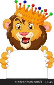 Cartoon king lion holding blank sign