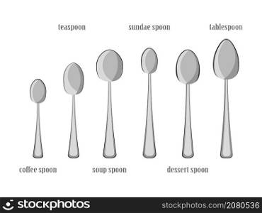 Cartoon kitchen colection spoons. Coffee spoon, teaspoon, soup spoon, ice cream spoon, dessert spoon, tablespoon. Eating utensils icons elements isolated on white background, flat vector illustration