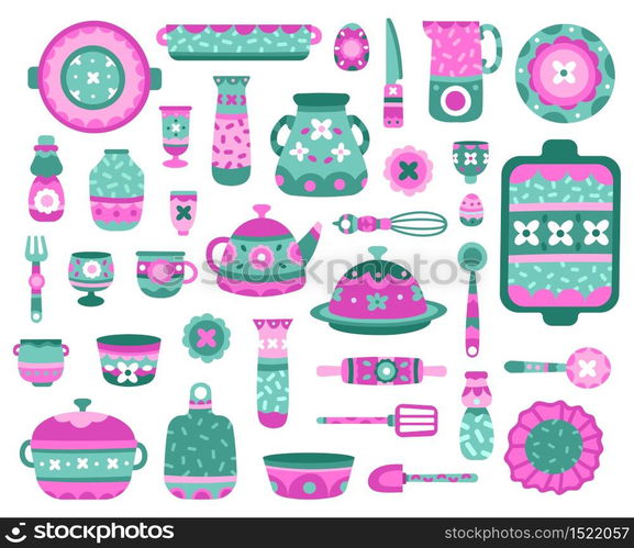 Cartoon kitchen dishes. Ceramic crockery, dishes, teapot, cups and plates, porcelain ceramic tableware vector illustration icons set. Kitchenware and dinnerware, pitcher sculpting, mug and teapot. Cartoon kitchen dishes. Ceramic crockery, dishes, teapot, cups and plates, porcelain ceramic tableware vector illustration icons set