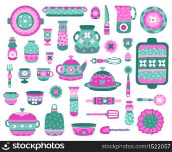 Cartoon kitchen dishes. Ceramic crockery, dishes, teapot, cups and plates, porcelain ceramic tableware vector illustration icons set. Kitchenware and dinnerware, pitcher sculpting, mug and teapot. Cartoon kitchen dishes. Ceramic crockery, dishes, teapot, cups and plates, porcelain ceramic tableware vector illustration icons set