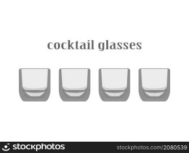 Cartoon kitchen glasses colection. Wine glasses, flutes glasses, cocktail glasses. Drink utensils glassful icons objects elements isolated on white background, flat vector illustration