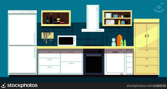 Cartoon kitchen interior with fridge, oven and other home cooking appliances vector illustration. Kitchen and stove interior, cooking and fridge domestic. Cartoon kitchen interior with fridge, oven and other home cooking appliances vector illustration