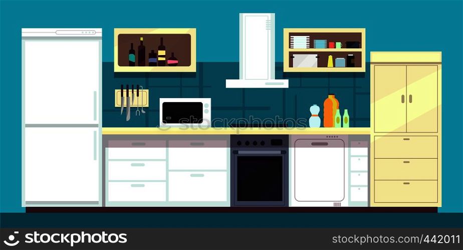 Cartoon kitchen interior with fridge, oven and other home cooking appliances vector illustration. Kitchen and stove interior, cooking and fridge domestic. Cartoon kitchen interior with fridge, oven and other home cooking appliances vector illustration