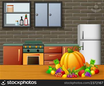 Cartoon kitchen interior with furniture and fruits on a wooden table