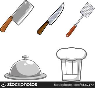 Cartoon Kitchen Tools And Equipments. Vector Hand Drawn Collection Set Isolated On White Background
