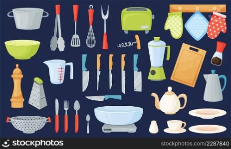 Cartoon kitchen utensils and tools, cooking equipment, kitchenware. Cutlery, pot, saucepan, cup, bowl, cookware elements vector set. Illustration of kitchen equipment. Cartoon kitchen utensils and tools, cooking equipment, kitchenware. Cutlery, pot, saucepan, cup, bowl, cookware elements vector set