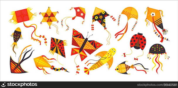 Cartoon kite. Festive toys flying in sky. Red and yellow hovering isolated objects. Animals and geometric shapes with tails waving in wind. Traditional holiday or leisure pastime for kids, vector set. Cartoon kite. Festive toys flying in sky. Red and yellow hovering objects. Animals and geometric shapes with tails waving in wind. Traditional holiday or leisure pastime, vector set