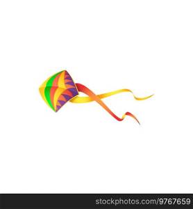 Cartoon kite isolated vector icon. Colorful flying kids toy of rhombus shape and bright double ribbons tail. Happy Makar Sankranty holiday symbol isolated on white background. Cartoon kite isolated vector icon, flying kids toy